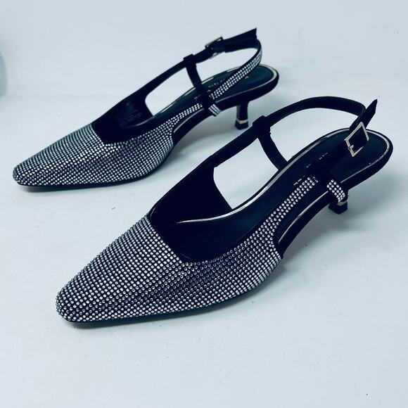 Kenneth Cole Slingback Jewelled Kitten Heel Black Silver Strappy Ankle - 7 - Picture 8 of 10